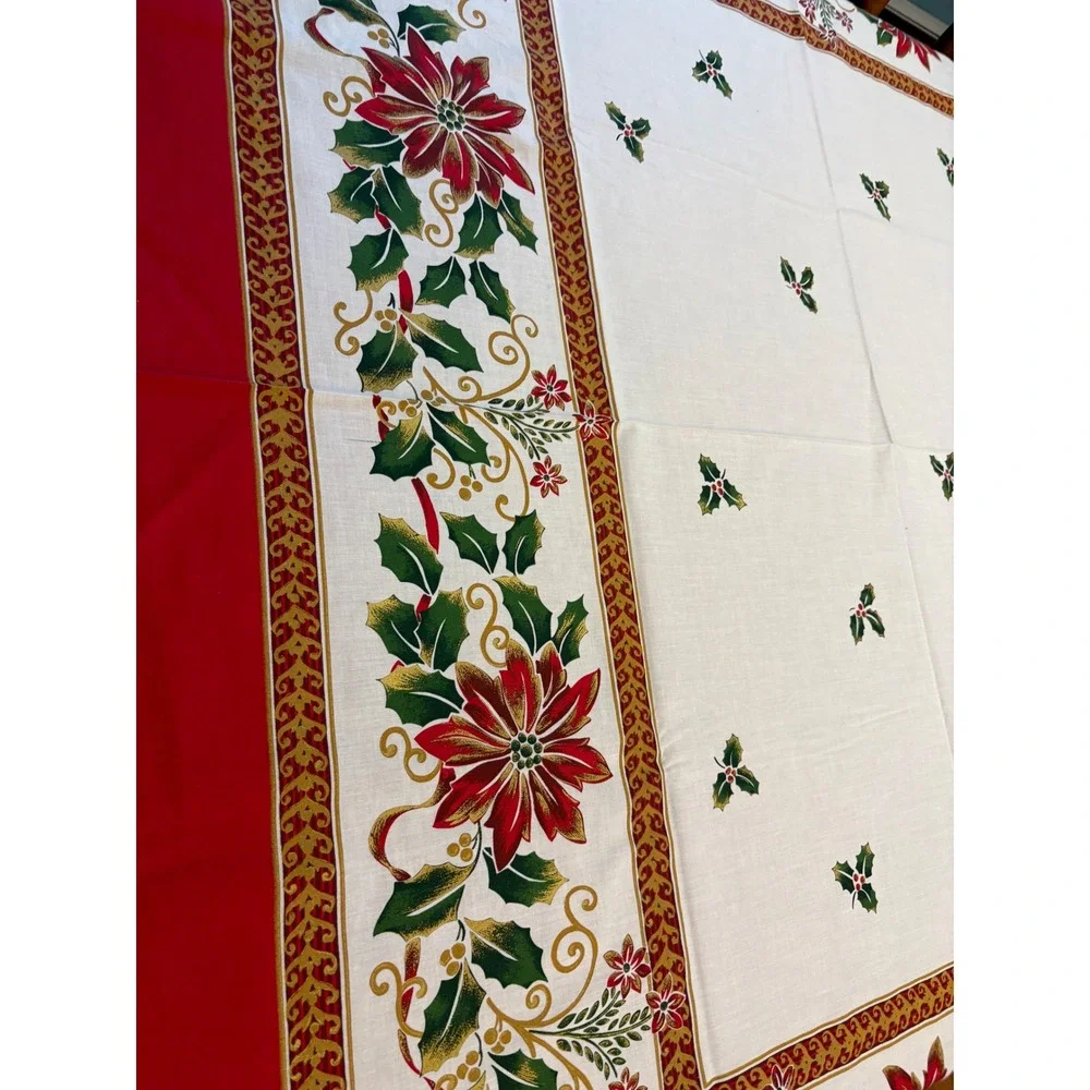 Christmas Poinsettia Holly Tablecloth White Red Green Holiday Dining‎  58 x100